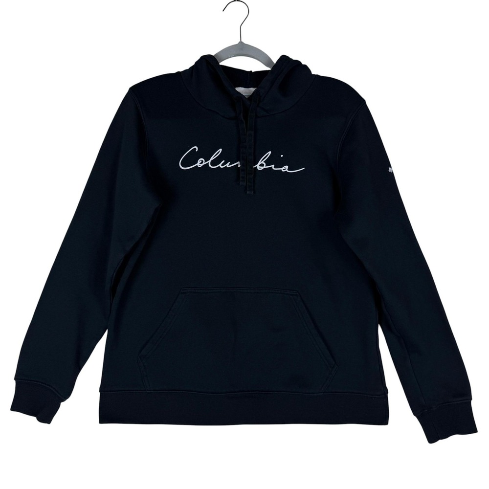 Columbia Hoodie Mens Medium Black Fleece Pullover Script Logo Kangaroo Pocket